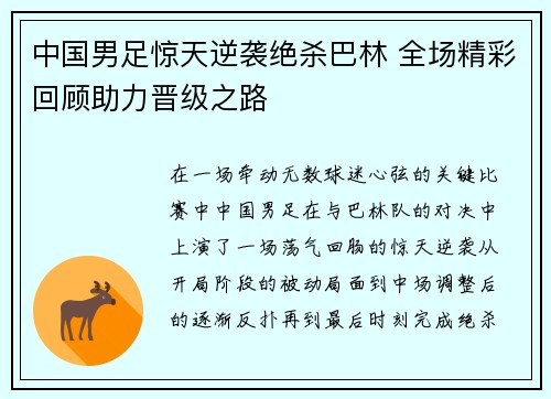 中国男足惊天逆袭绝杀巴林 全场精彩回顾助力晋级之路 中国男足惊天逆袭绝杀巴林 全场精彩回顾助力晋级之路