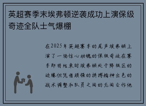 英超赛季末埃弗顿逆袭成功上演保级奇迹全队士气爆棚