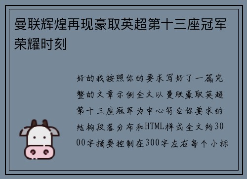 曼联辉煌再现豪取英超第十三座冠军荣耀时刻